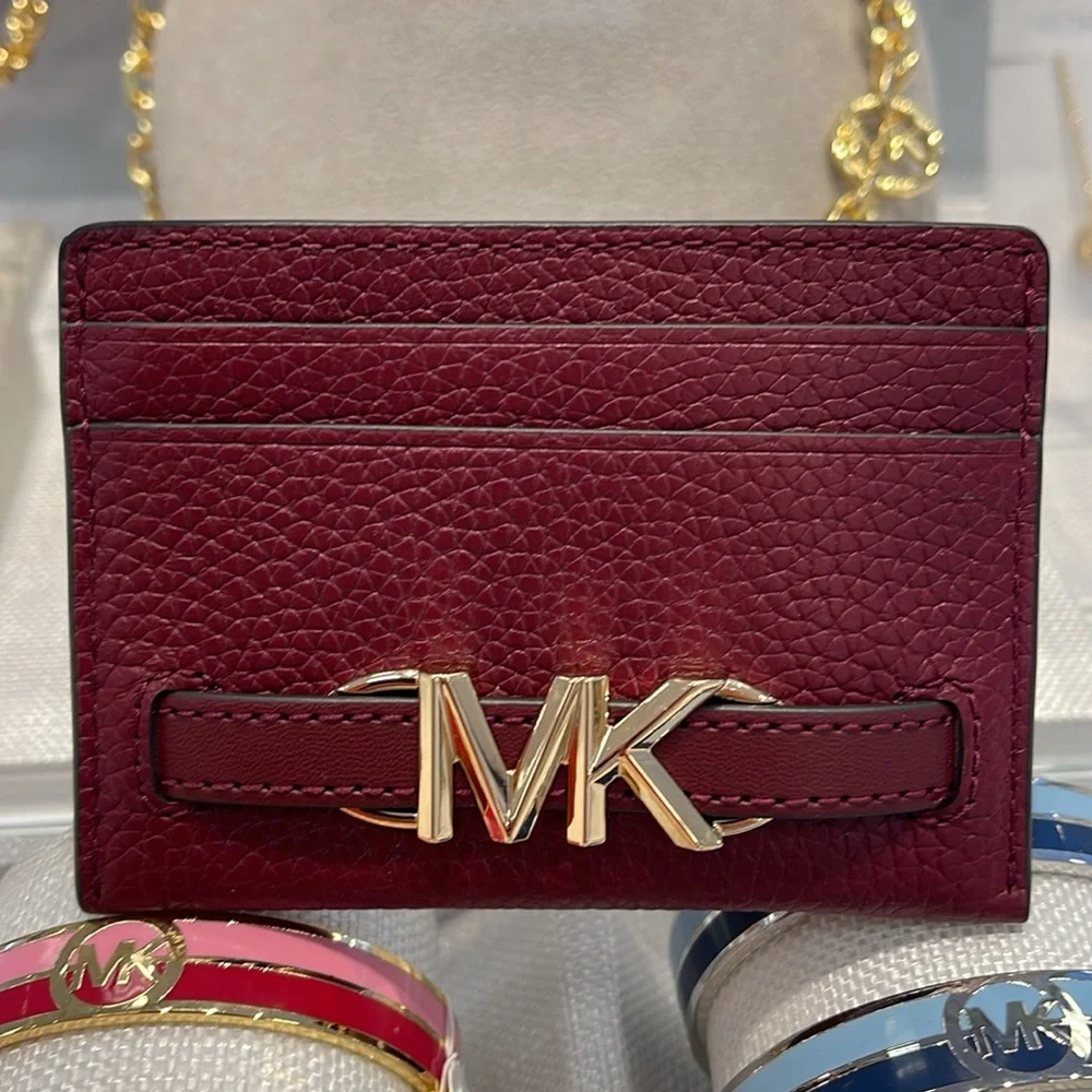 MICHAEL KORS Reed Large Pebbled Leather Card Holder Case Dark Cherry  NWT